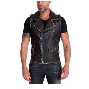 Absolute Leather Men's Distressed Black Sleeveless Biker Vest L